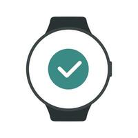 Circle smart watch with approved green button. Successful payment icon on screen. Vector