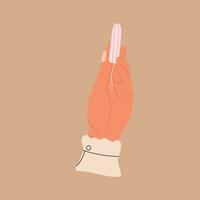 Female hand holds tampon in fingers.Hygiene care in menstruation period. Vector