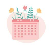 Menstrual calendar with floral background. Menstruation woman cycle period control. Vector