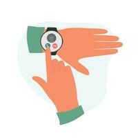 Male hand with smart watch. Answer the call. Incoming call on screen with buttons. Vector