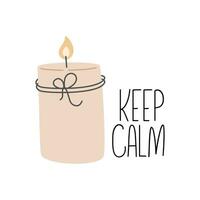 Scented aroma cozy candle with burning flame and crafted thread. Keep calm phrase on poster. Collection of cozy candles. Flat vector