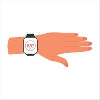 Female hand with Smart watch with pulse heart on screen. Heartbeat rate tracker app. vector