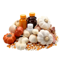 AI generated A pile of pills and garlic png isolated on transparent background