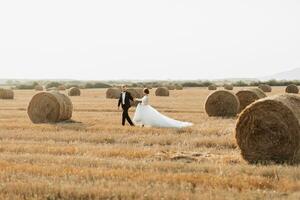 Wedding portrait of the bride and groom walking on the background of hay. The groom holds the hand of the bride and looks at her, her gaze down. Red-haired bride in a long dress. Stylish groom. Summer photo