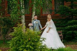 Wedding in nature. Photo of the bride and groom on a walk against the background of trees, the bride and groom hold hands and walk against the background of trees and a wooden hut. Stylish groom.