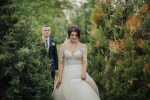 Wedding Portrait of the bride and groom in nature. A stylish groom stands behind the bride, in the garden near the trees. Beautiful lace veil and lace dress. Holiday concept photo