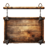 AI generated Medieval wooden signboard hanging on chains isolated on transparent background png