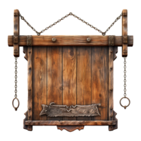 ai gegenereerd middeleeuws houten uithangbord hangende Aan kettingen geïsoleerd Aan transparant achtergrond png