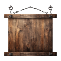 AI generated Medieval wooden signboard hanging on chains isolated on transparent background png