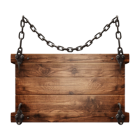 AI generated Medieval wooden signboard hanging on chains isolated on transparent background png