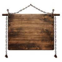 AI generated Medieval wooden signboard hanging on chains isolated on transparent background png