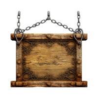 AI generated Medieval wooden signboard hanging on chains isolated on transparent background png