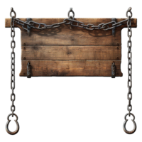 AI generated Medieval wooden signboard hanging on chains isolated on transparent background png