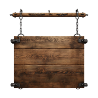 AI generated Medieval wooden signboard hanging on chains isolated on transparent background png