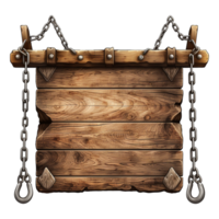 AI generated Medieval wooden signboard hanging on chains isolated on transparent background png