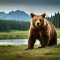 AI generated A large brown bear is laying on a grassy hill. photo