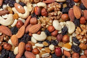 mezclado nueces. Almendras, nueces, anacardos, miseria, avellanas, seco ciruelas pasas y Pasas. diferente nuez mezcla. antecedentes desde varios nueces y seco frutas foto