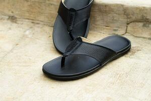 Black cowhide sandals, leather sandals for men. photo