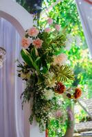 Wedding decorations. Wedding backdrop with flowers and Indonesian wedding decorations. photo