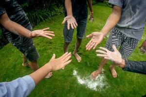 hompimpa, black and white palms for drawing turns in Indonesian children's games. Hompimpa is a way of determining your turn in a game using the palm of your hand. photo