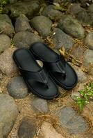 Black cowhide sandals, leather sandals for men. photo