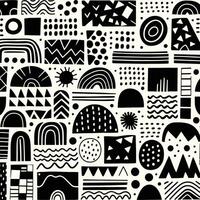 Black shapes seamless vector border. Cute abstract hand drawn geometric shapes collage repeating horizontal pattern monochrome. Modern abstract art for decor, fabric trim, cards, ribbons