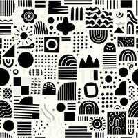 Black shapes seamless vector border. Cute abstract hand drawn geometric shapes collage repeating horizontal pattern monochrome. Modern abstract art for decor, fabric trim, cards, ribbons