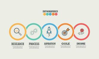 Business infographics. Process with 5 steps, labels, pointers. Vector infographic elements.