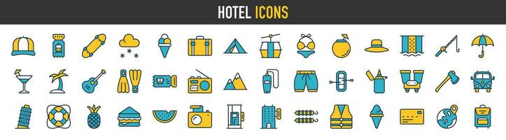 Hotel icons set. Set of apartment reservation, hotel booking, rent hostel room, airport, room area, flat rent, five-star hotel, service vector web icon