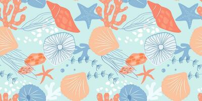 Seamless pattern with seabed. Abstract silhouettes of shells, jellyfish, starfish, algae. Vector graphics.