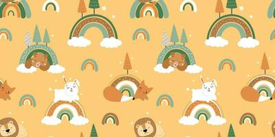 Seamless pattern with animals sleeping on a rainbow. Print for children with dream fox, bear, hare. Vector graphics.