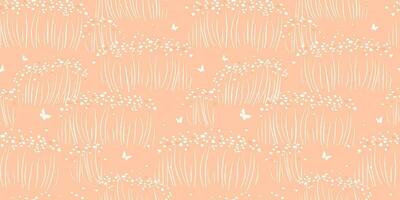 Seamless pattern with abstract meadow, herbs, flowers, butterflies. A simple summer monochrome background with a delicate floral print in a peach shade. Vector graphics.