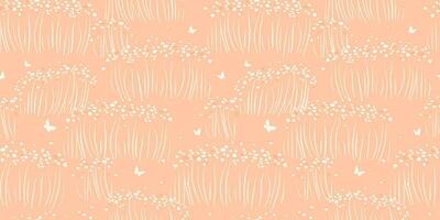 Seamless pattern with abstract meadow, herbs, flowers, butterflies. A simple summer monochrome background with a delicate floral print in a peach shade. Vector graphics.