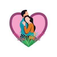 Flat illustration design of loving couple hugging with love shape background vector