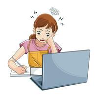 Education Concept. Bored student tired of learning doing homework using laptop. Vector illustration