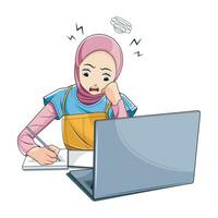 Education Concept. Bored student in hijab tired of learning doing homework using laptop. Vector illustration