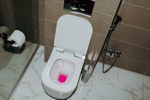 limpiar el baño para limpieza y higiene. limpieza el baño. limpieza Servicio concepto. química para el baño es rosado foto