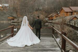 A stylish bride in a lush dress and fashionable hairstyle stands with the groom on a pier in a park near wooden houses. swans swim in the lake. They hold hands. photo from the back