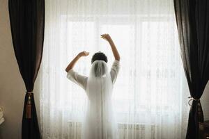 Portrait. The brunette bride is standing with her shoulders turned to the camera, near the window with her arms raised. chic make-up and hair. Voluminous veil. Wedding photo. Beautiful bride photo