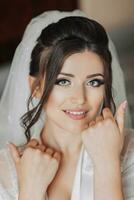 retrato de un morena novia conmovedor su rostro. maravilloso maquillaje y cabello. voluminoso velo. Boda foto. hermosa novia foto