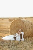 Boda retrato. el novia y novio son sentado en un abrazo en el suelo, cerca un bala de heno. Pelirrojo novia en un largo vestido. elegante novio. verano. un sincero sonrisa. en el antecedentes de heno foto