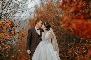 Boda Pareja en un caminar en el otoño parque, medio retrato, sitio para texto foto