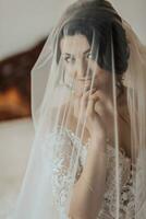 Portrait. A brunette bride in a white dress, wrapped in a veil, looks down and touches her face, poses. Gorgeous make-up and hair. Voluminous veil. Wedding photo. Beautiful bride photo