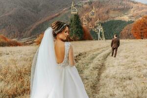 Beautiful wedding couple, bride and groom, in love on the background of mountains photo