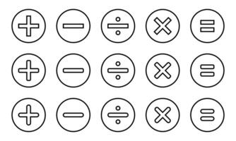 Basic math symbols on circle line. Addition, subtraction, division, multiplication, and equality icon vector