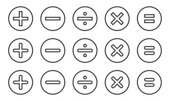 Basic math symbols on circle line. Addition, subtraction, division, multiplication, and equality icon vector