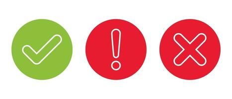 Line of checkmark, exclamation, and x cross mark icon vector. Accept, warning, and decline sign symbol vector