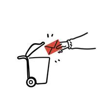 hand drawn doodle put letter in to dustbin symbol for deleting email icon vector