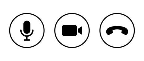 Microphone, video call camera, and end handset icon vector on circle line