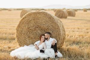 Boda retrato. el novia y novio son sentado en un abrazo en el suelo, cerca un bala de heno. Pelirrojo novia en un largo vestido. elegante novio. verano. un sincero sonrisa. en el antecedentes de heno foto